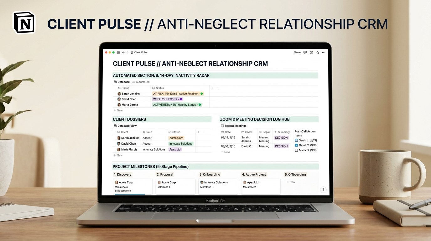 Client Pulse Anti-Neglect Relationship CRM Notion Workspace Preview