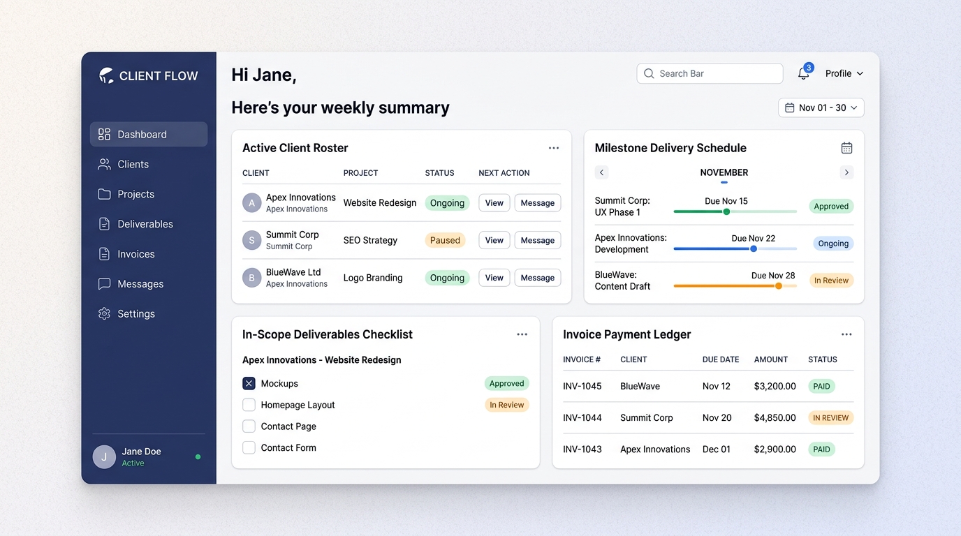 Freelance Client Onboarding Portal and CRM Milestone Dashboard