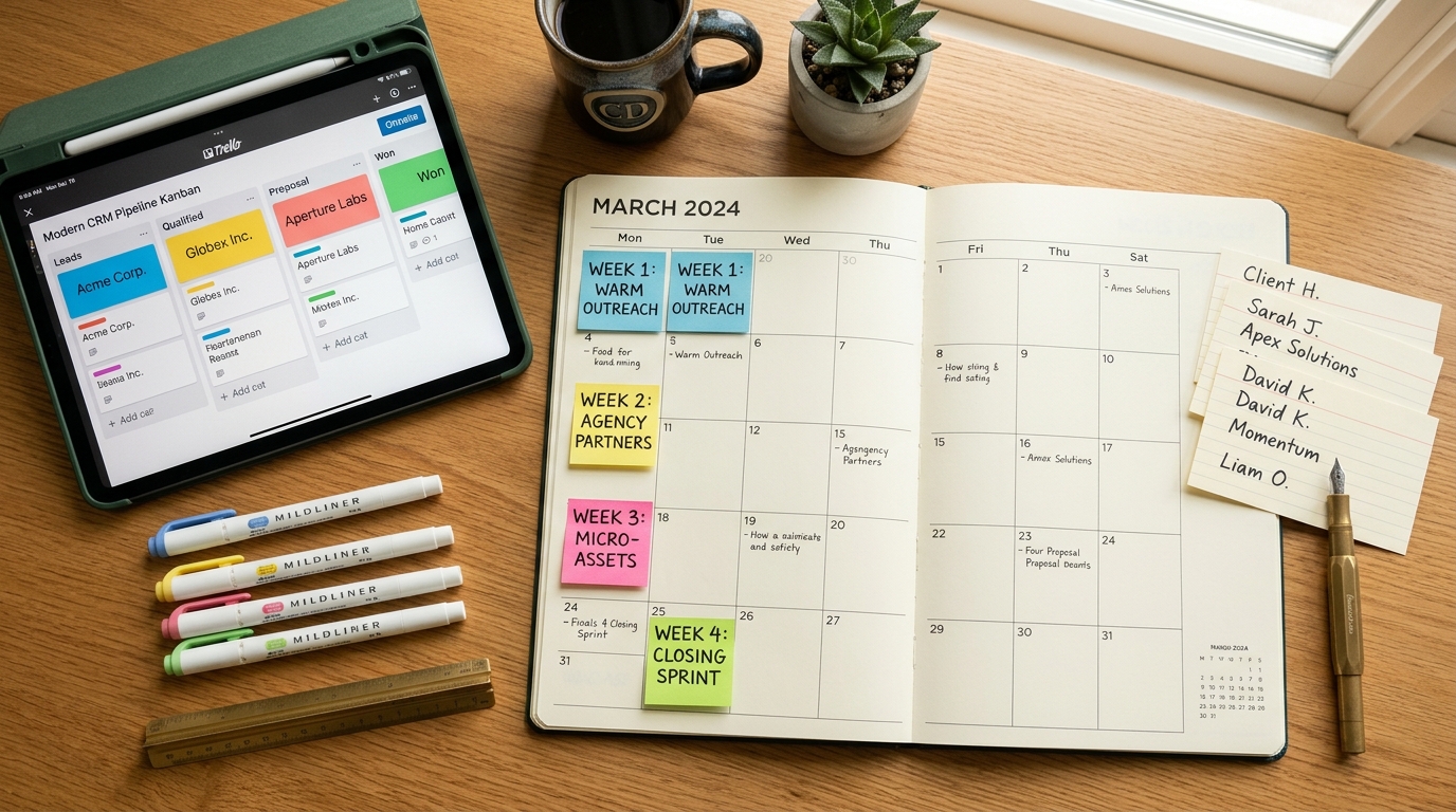 Minimalist freelance workstation with an open laptop displaying a structured 30-day client acquisition pipeline and planning notebook