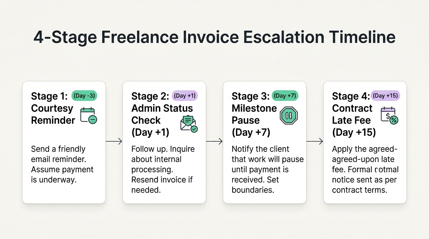 Infographic flowchart showing the 4-stage freelance invoice escalation timeline from day -3 courtesy reminder to day +15 contract enforcement
