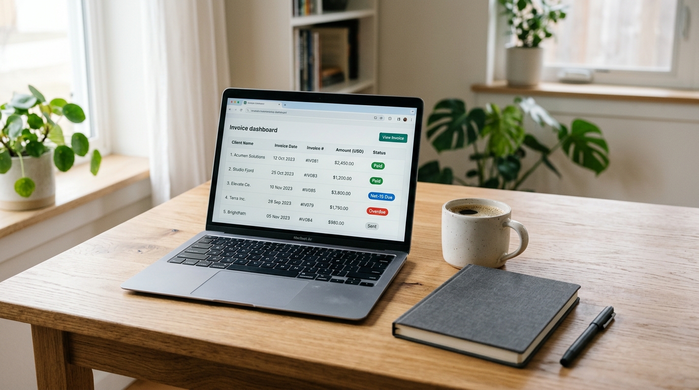 Minimalist freelance workspace featuring an open laptop with an accounts receivable invoice dashboard