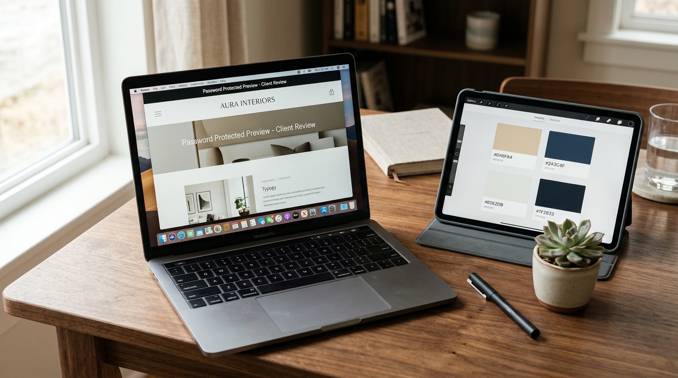 Freelance designer workstation showing a password-protected staging preview on a laptop alongside design assets