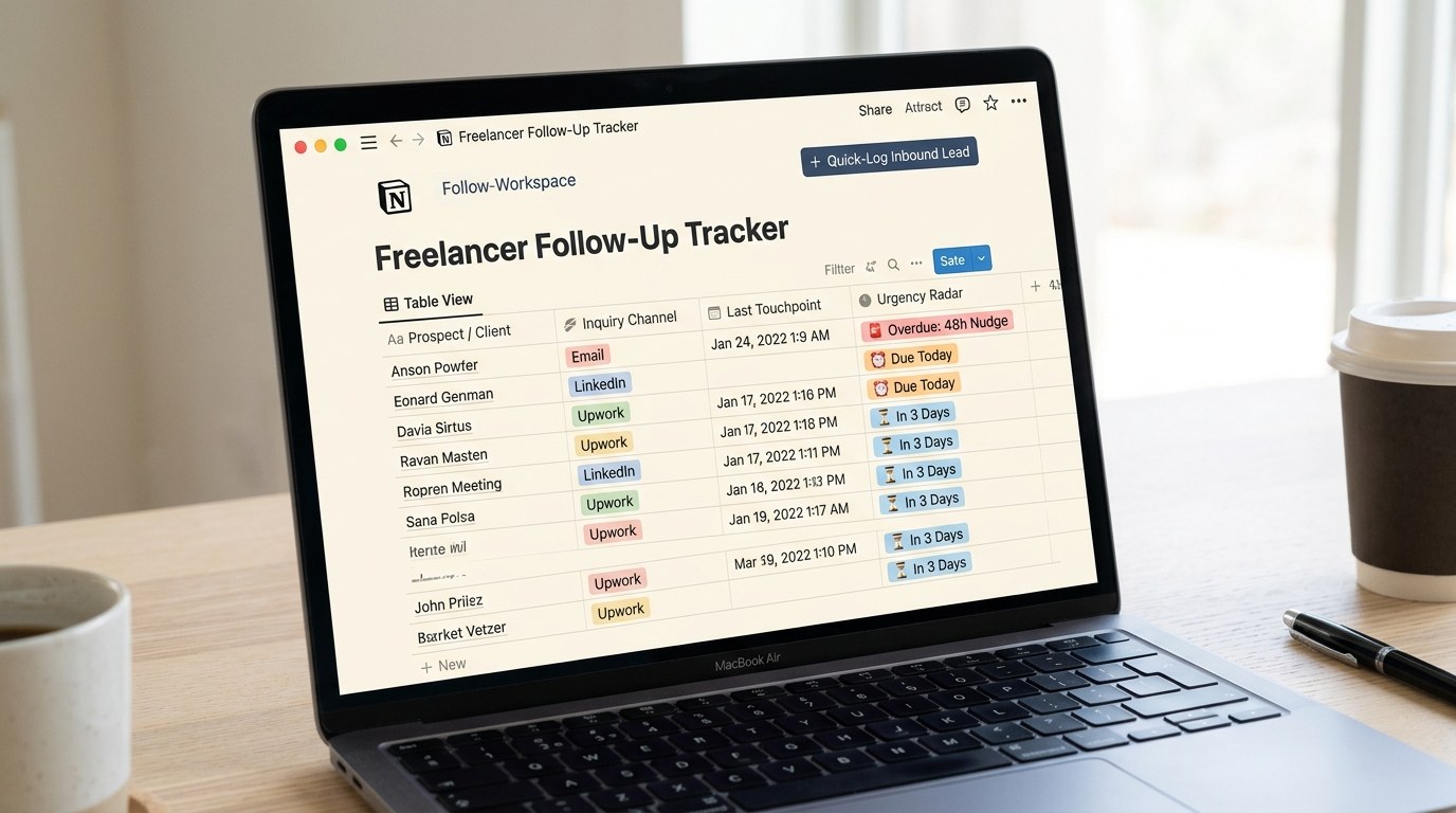 Freelancer Follow-Up Tracker Notion Workspace Template Lead Pipeline Mockup
