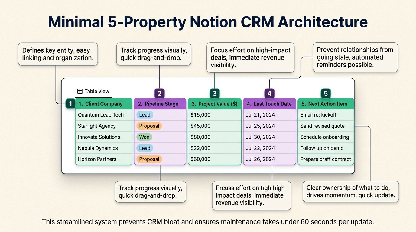 How to Build a Minimal 5-Property Notion CRM That You Will Actually Maintain
