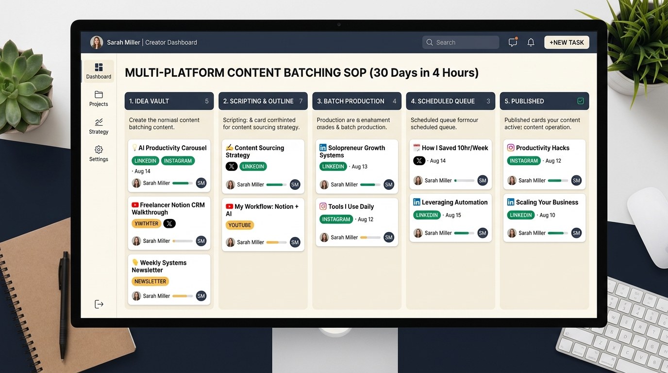 Multi-platform content calendar pipeline showing Pinterest, YouTube, and newsletter batching stages