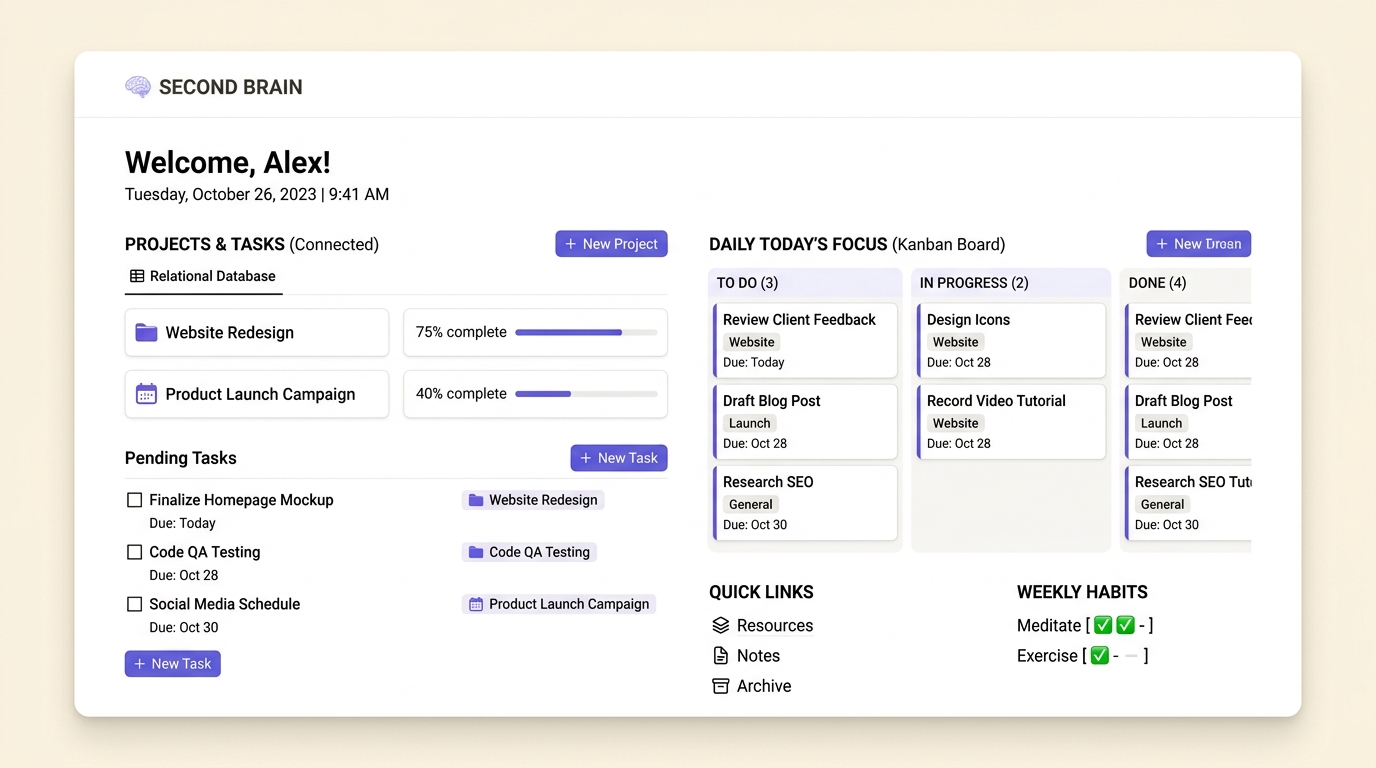 Notion Second Brain architecture dashboard showing connected relational databases and daily focus command center